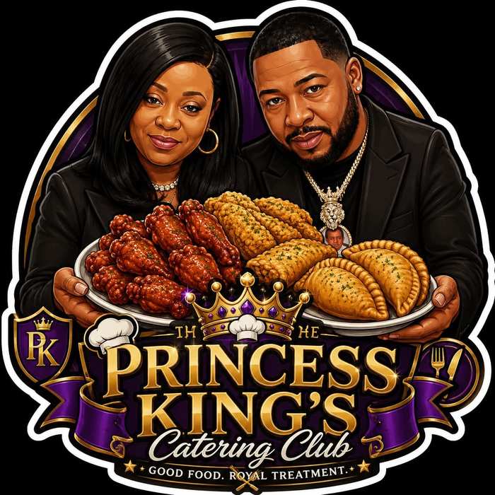 Princess Kings Catering Club illustrated brand portrait with wings and empanadas